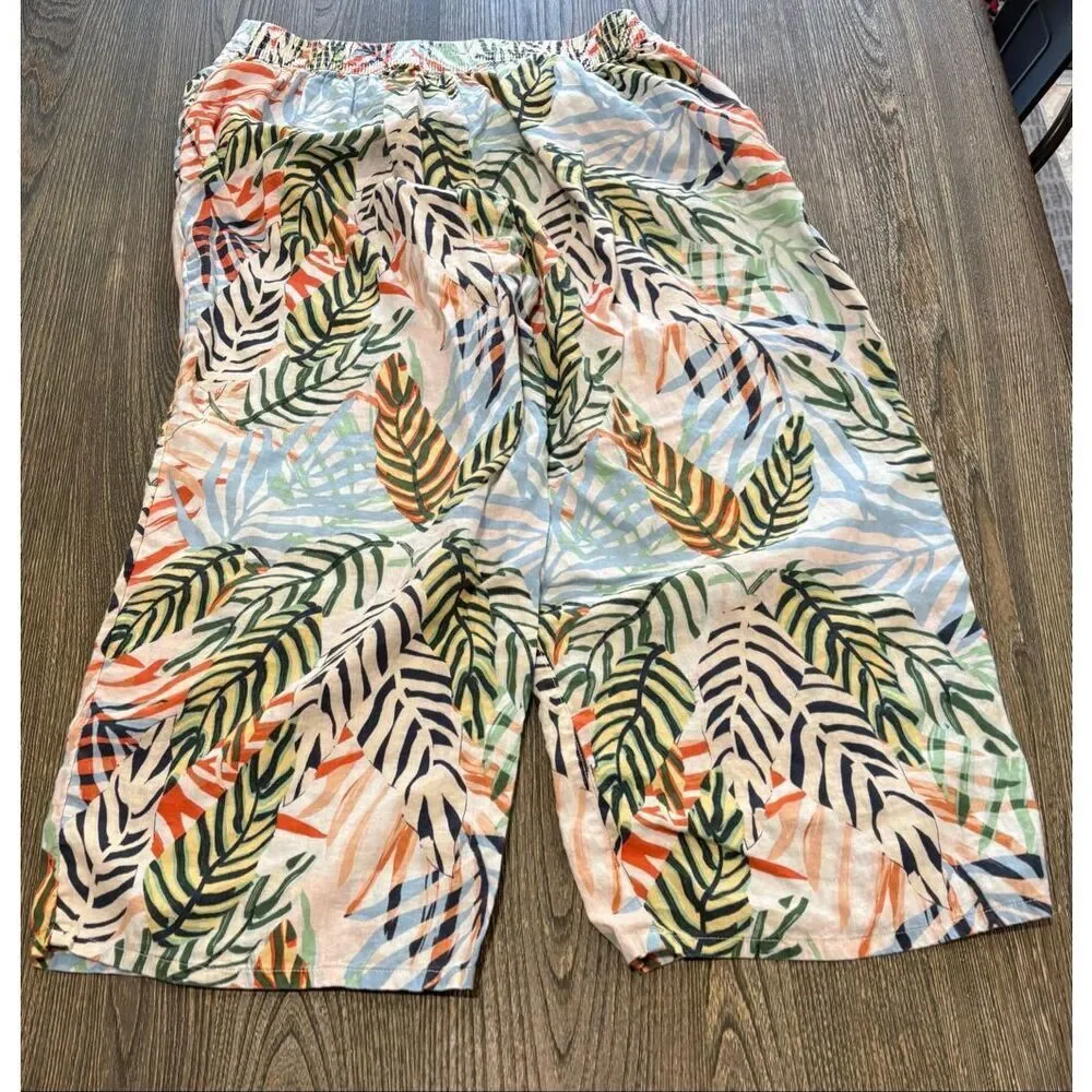 Tahari Womens Linen Pants Wide Leg Tropical Leaf Print Multicolor Plus Size 1X